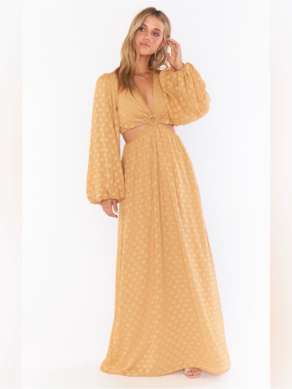 Show me your Mumu Go Out Cut Out Maxi Dress Balloon Sleeves Mustard Size Large